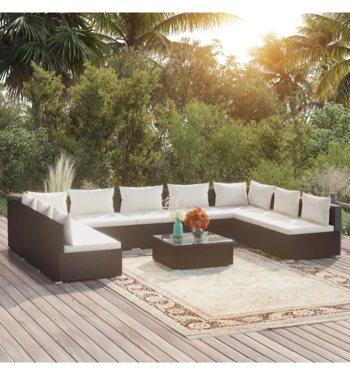 Salon de jardin 10 pcs avec coussins Résine tressée Noir | Mobilier & Déco