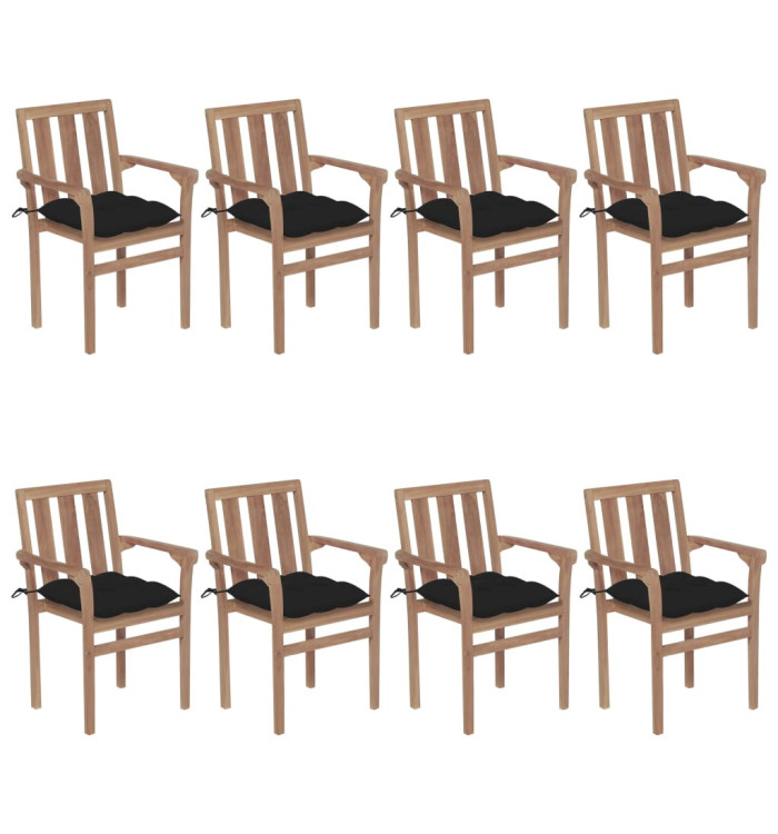 Chaises de jardin empilables avec coussins lot de 8 Teck solide | Mobilier & Déco
