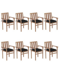 Chaises de jardin empilables avec coussins lot de 8 Teck solide | Mobilier & Déco