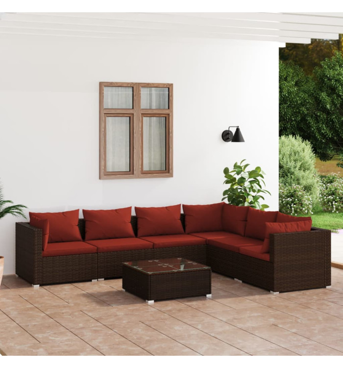 Salon de jardin 7 pcs avec coussins Résine tressée Marron | Mobilier & Déco