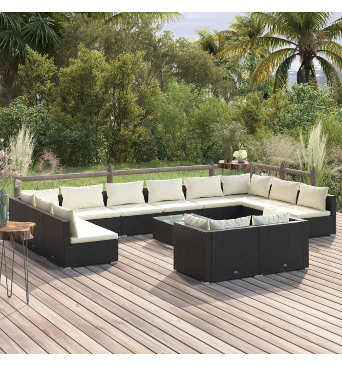 Salon de jardin 13 pcs avec coussins Noir Résine tressée | Mobilier & Déco