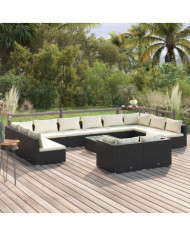 Salon de jardin 13 pcs avec coussins Noir Résine tressée | Mobilier & Déco