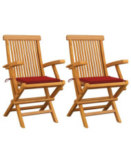 Chaises de jardin et coussins rouge lot de 2 Bois teck massif | Mobilier & Déco