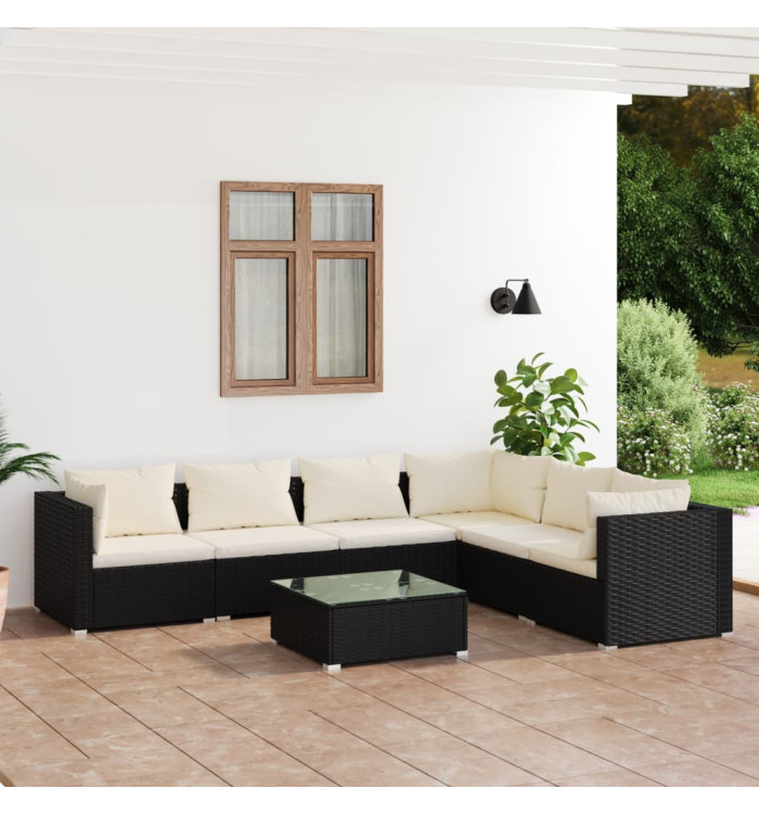 Salon de jardin 7 pcs avec coussins Résine tressée Noir | Mobilier & Déco