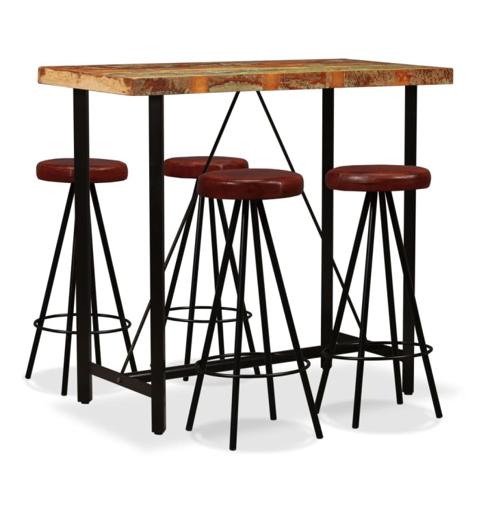 Ensemble de bar 5 pcs Bois massif recyclé et cuir véritable | Mobilier & Déco
