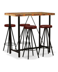 Ensemble de bar 5 pcs Bois massif recyclé et cuir véritable | Mobilier & Déco