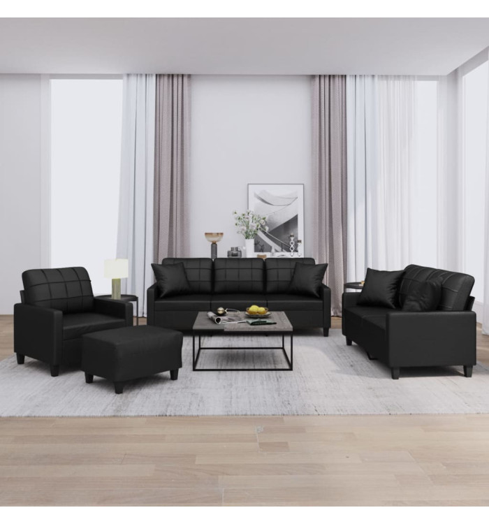 Ensemble de canapés 4 pcs avec coussins noir similicuir | Mobilier & Déco