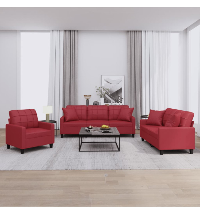 Ensemble de canapés 3 pcs et coussins rouge bordeaux similicuir | Mobilier & Déco