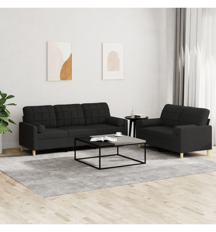 Ensemble de canapés 2 pcs avec coussins noir tissu | Mobilier & Déco