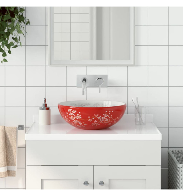 Vasque à poser blanc et rouge rond Φ41x14 cm céramique | Mobilier & Déco