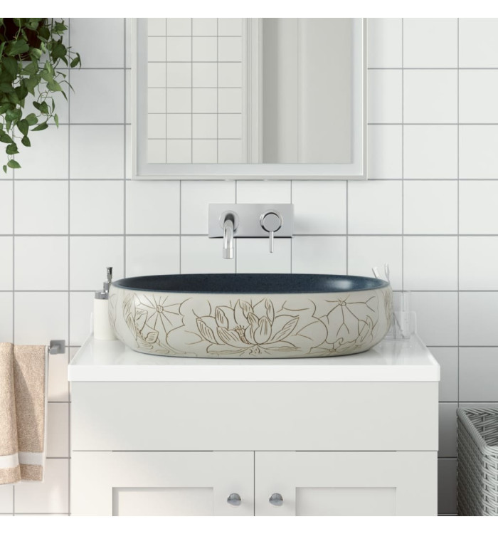 Vasque à poser sable et bleu ovale 59x40x14 cm céramique | Mobilier & Déco