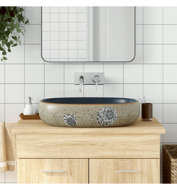 Vasque à poser sable et bleu ovale 59x40x14 cm céramique | Mobilier & Déco