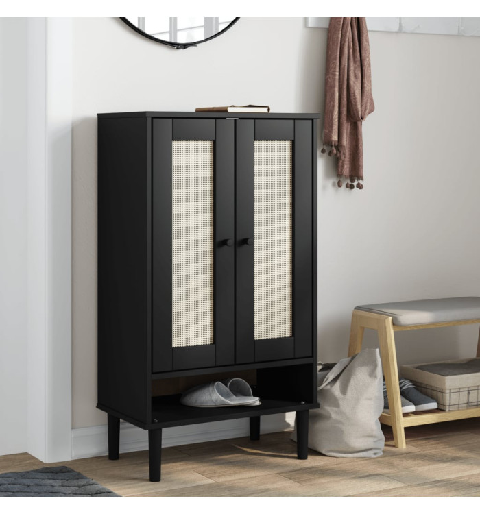 Armoire à chaussures SENJA aspect rotin noir bois massif | Mobilier & Déco