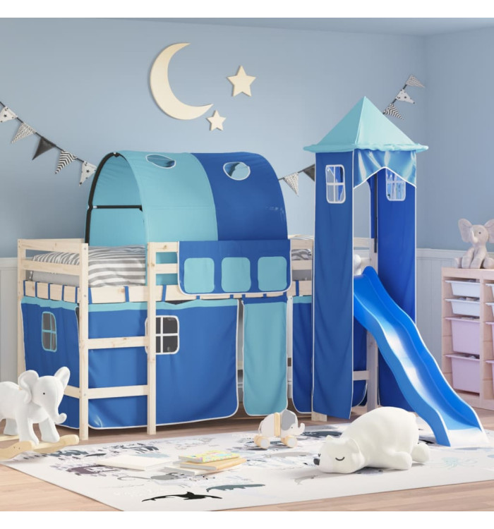 Rideaux pour lit mezzanine avec tunnel et tour bleu | Mobilier & Déco