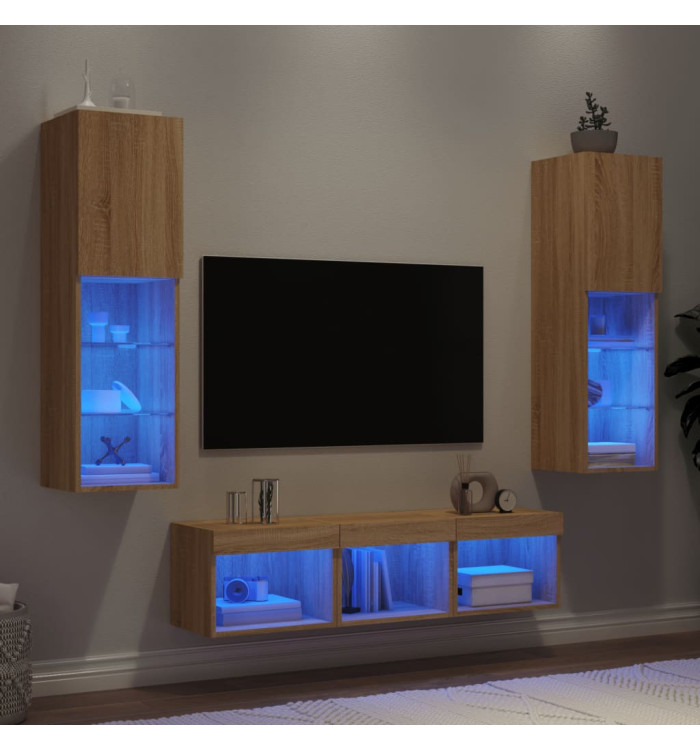Unités murales TV avec LED 5 pcs chêne sonoma bois d'ingénierie | Mobilier & Déco