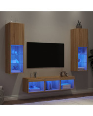 Unités murales TV avec LED 5 pcs chêne sonoma bois d'ingénierie | Mobilier & Déco