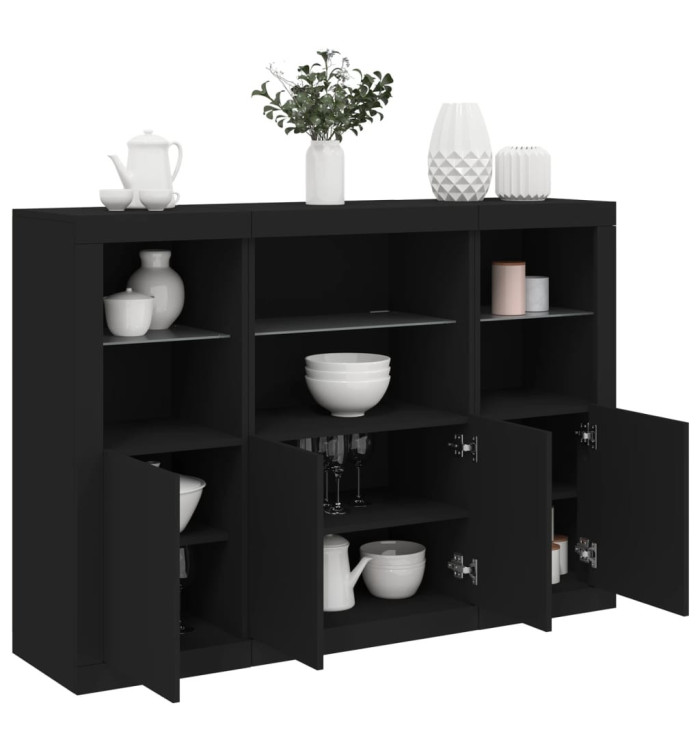 Buffets avec lumières LED 3 pcs noir bois d'ingénierie | Mobilier & Déco
