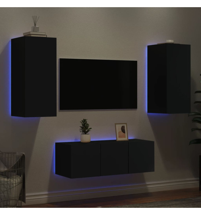 Unités murales TV avec LED 4 pcs noir bois d'ingénierie | Mobilier & Déco