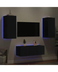Unités murales TV avec LED 4 pcs noir bois d'ingénierie | Mobilier & Déco