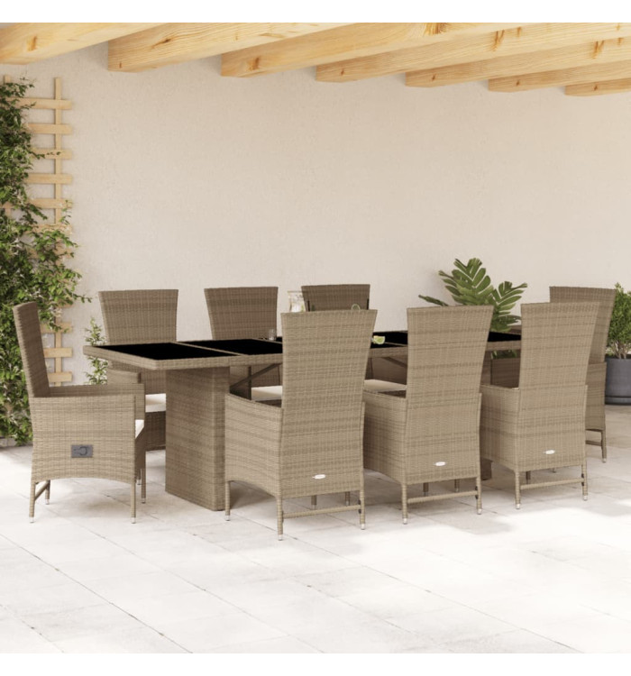 Ensemble à manger de jardin et coussins 9 pcs beige Poly rotin | Mobilier & Déco
