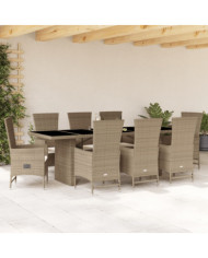 Ensemble à manger de jardin et coussins 9 pcs beige Poly rotin | Mobilier & Déco