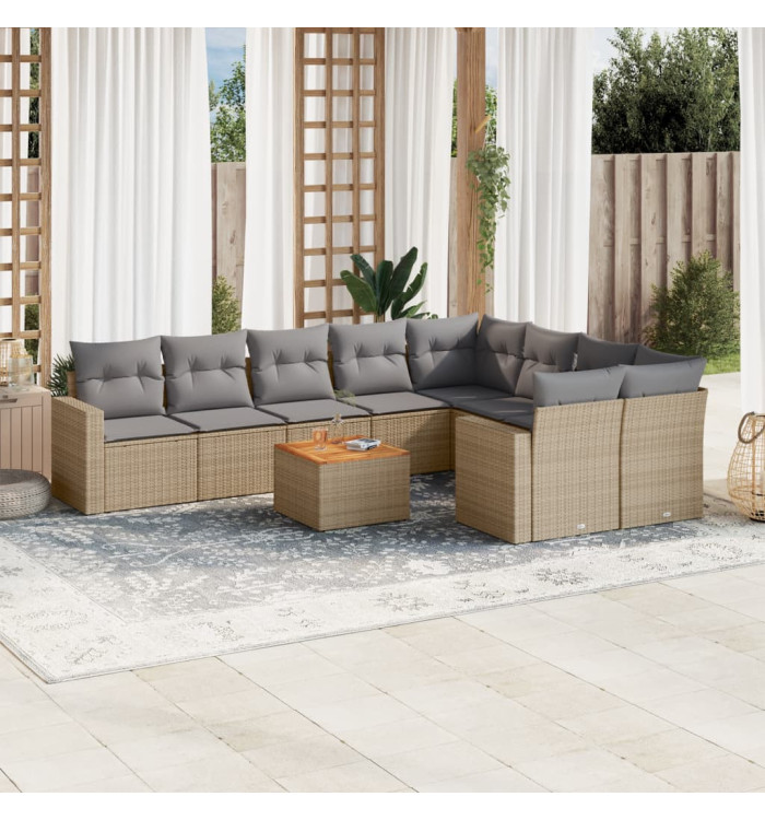 Salon de jardin avec coussins 10 pcs beige résine tressée | Mobilier & Déco