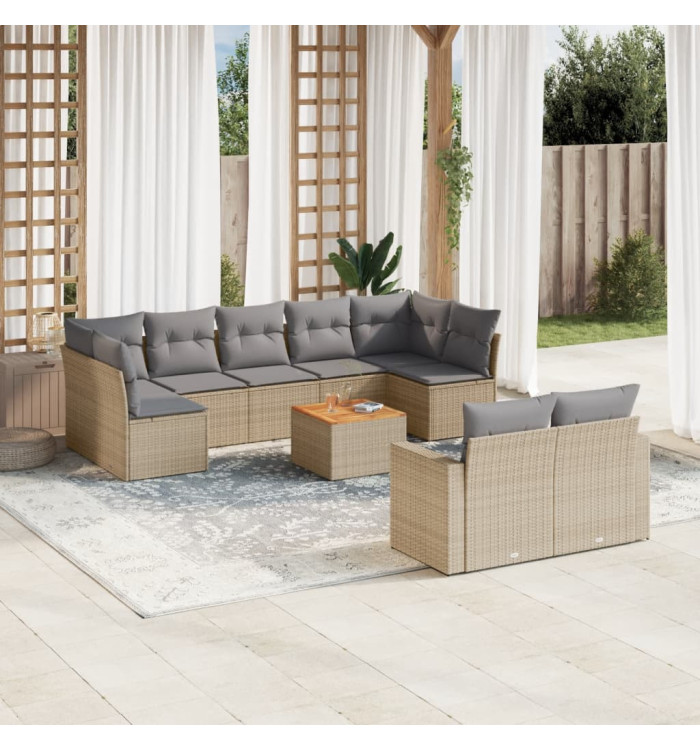 Salon de jardin avec coussins 10 pcs beige résine tressée | Mobilier & Déco