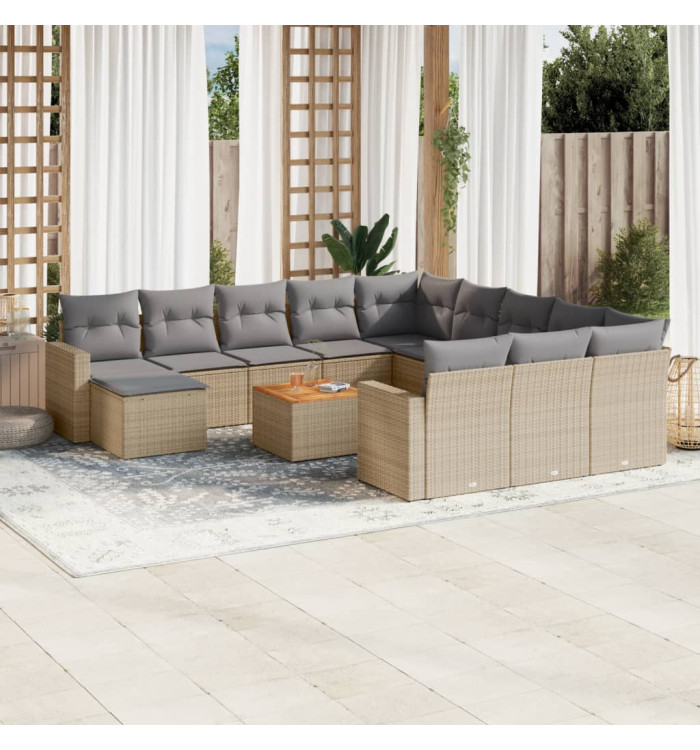 Salon de jardin avec coussins 13 pcs beige résine tressée | Mobilier & Déco
