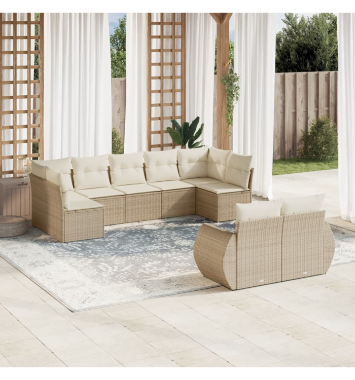Salon de jardin avec coussins 9 pcs beige résine tressée | Mobilier & Déco
