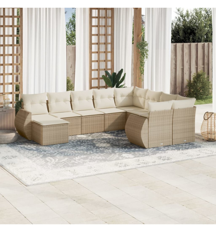 Salon de jardin avec coussins 10 pcs beige résine tressée | Mobilier & Déco