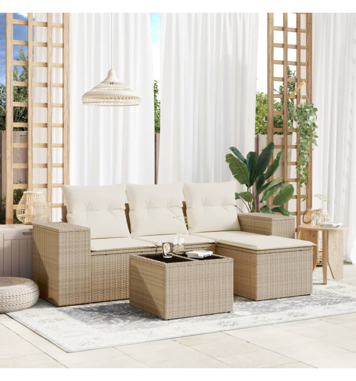 Salon de jardin avec coussins 5 pcs beige résine tressée | Mobilier & Déco