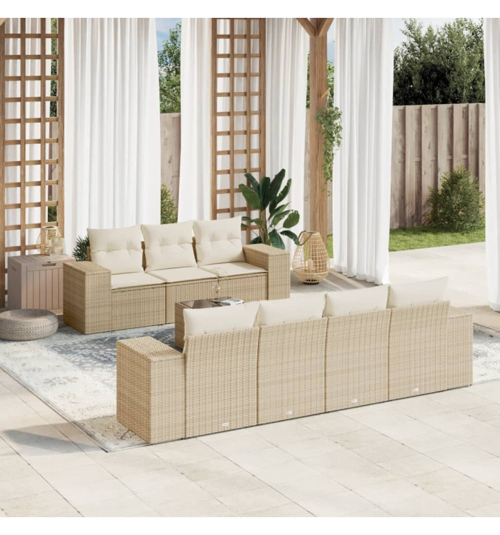 Salon de jardin avec coussins 8 pcs beige résine tressée | Mobilier & Déco