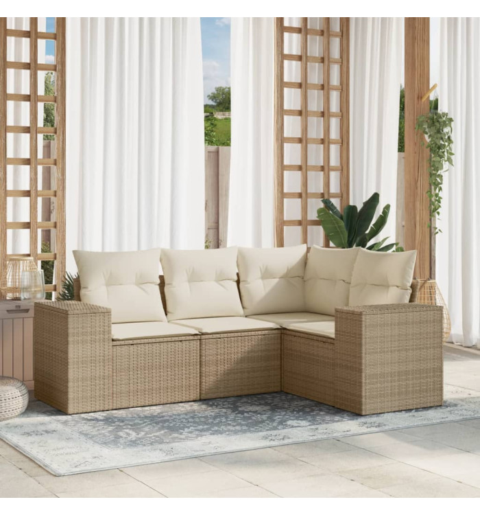 Salon de jardin avec coussins 4 pcs beige résine tressée | Mobilier & Déco