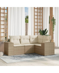 Salon de jardin avec coussins 4 pcs beige résine tressée | Mobilier & Déco