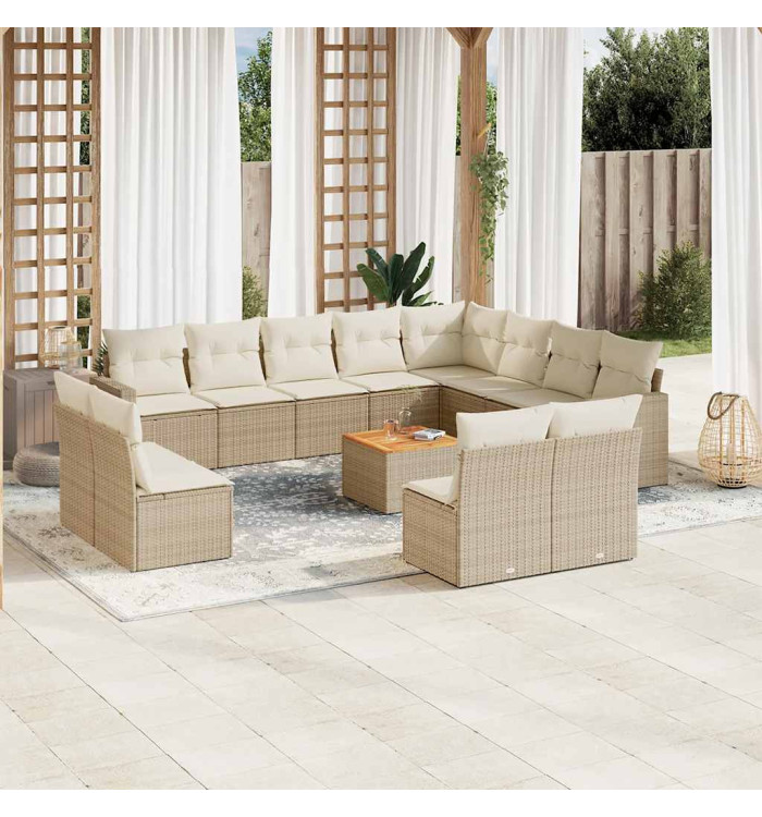 Salon de jardin avec coussins 13 pcs beige résine tressée | Mobilier & Déco