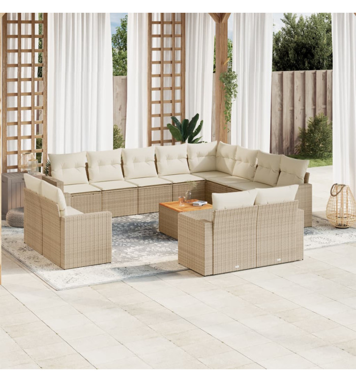 Salon de jardin avec coussins 13 pcs beige résine tressée | Mobilier & Déco