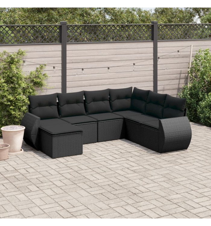 Salon de jardin 7 pcs avec coussins noir résine tressée | Mobilier & Déco