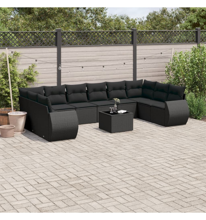 Salon de jardin 11 pcs avec coussins noir résine tressée | Mobilier & Déco