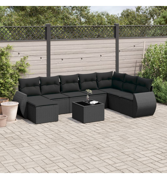 Salon de jardin 9 pcs avec coussins noir résine tressée | Mobilier & Déco