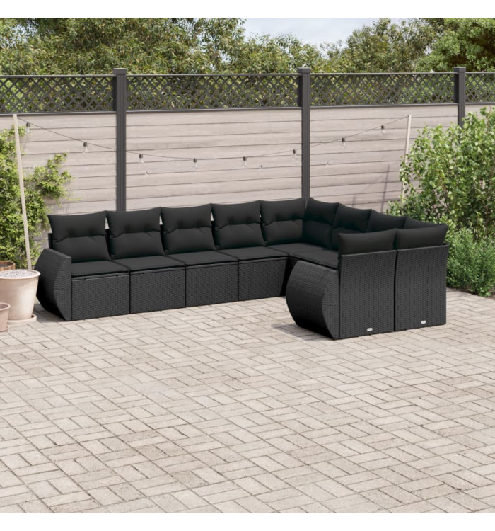 Salon de jardin 9 pcs avec coussins noir résine tressée | Mobilier & Déco