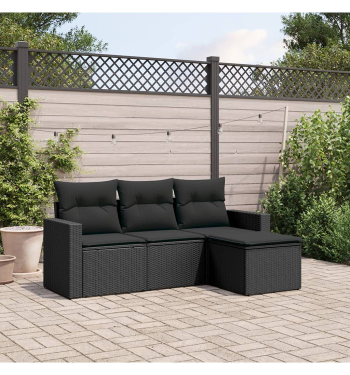 Salon de jardin 4 pcs avec coussins noir résine tressée | Mobilier & Déco