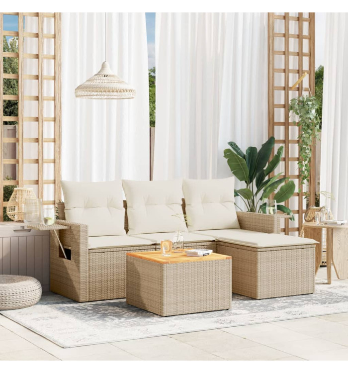 Salon de jardin avec coussins 5 pcs beige résine tressée | Mobilier & Déco