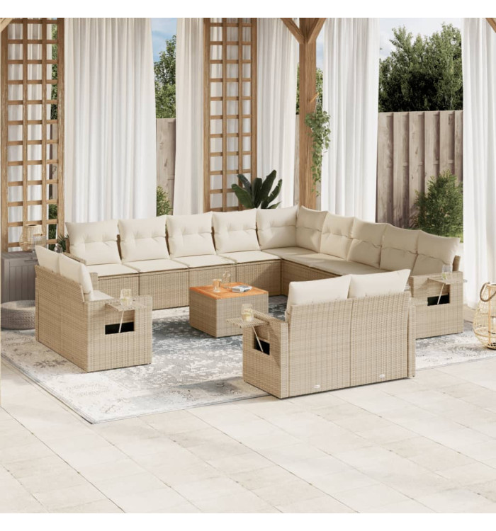 Salon de jardin avec coussins 14 pcs beige résine tressée | Mobilier & Déco
