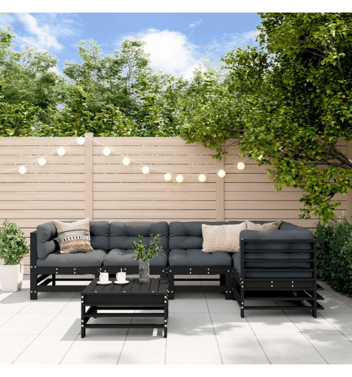 Salon de jardin 6 pcs Noir Bois de pin massif | Mobilier & Déco