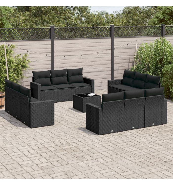 Salon de jardin avec coussins 13 pcs noir résine tressée | Mobilier & Déco