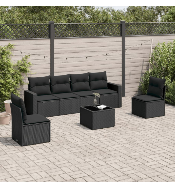 Salon de jardin 7 pcs avec coussins noir résine tressée | Mobilier & Déco