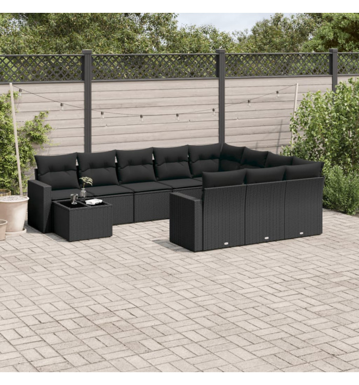 Salon de jardin 11 pcs avec coussins noir résine tressée | Mobilier & Déco