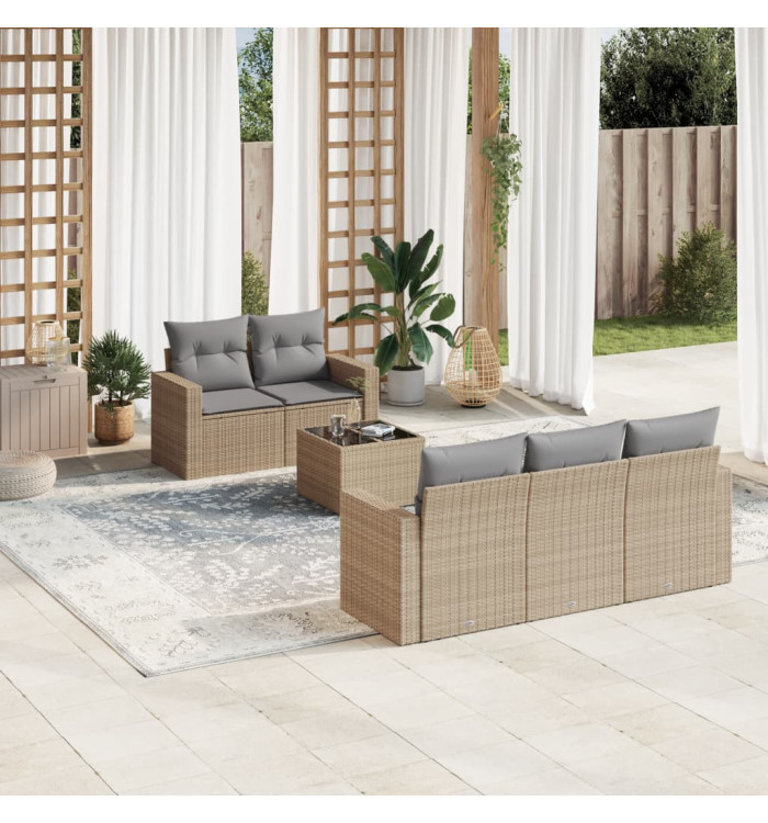 Salon de jardin avec coussins 6 pcs beige résine tressée | Mobilier & Déco