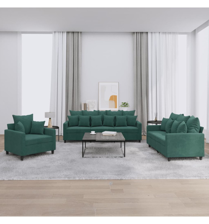 Ensemble de canapés 3 pcs avec coussins Vert foncé Velours | Mobilier & Déco