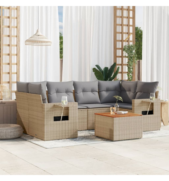 Salon de jardin avec coussins 7 pcs beige résine tressée | Mobilier & Déco